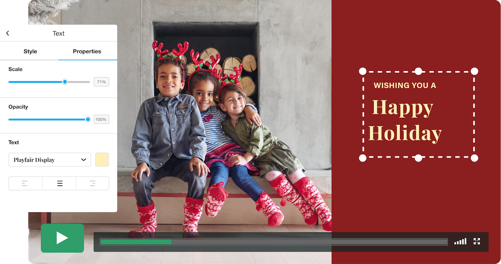 A paused video screen being edited in Vimeo Create includes a photo of three smiling children wearing red and green reindeer ears and red socks. Text on the screen reads "Wishing you a Happy Holiday."