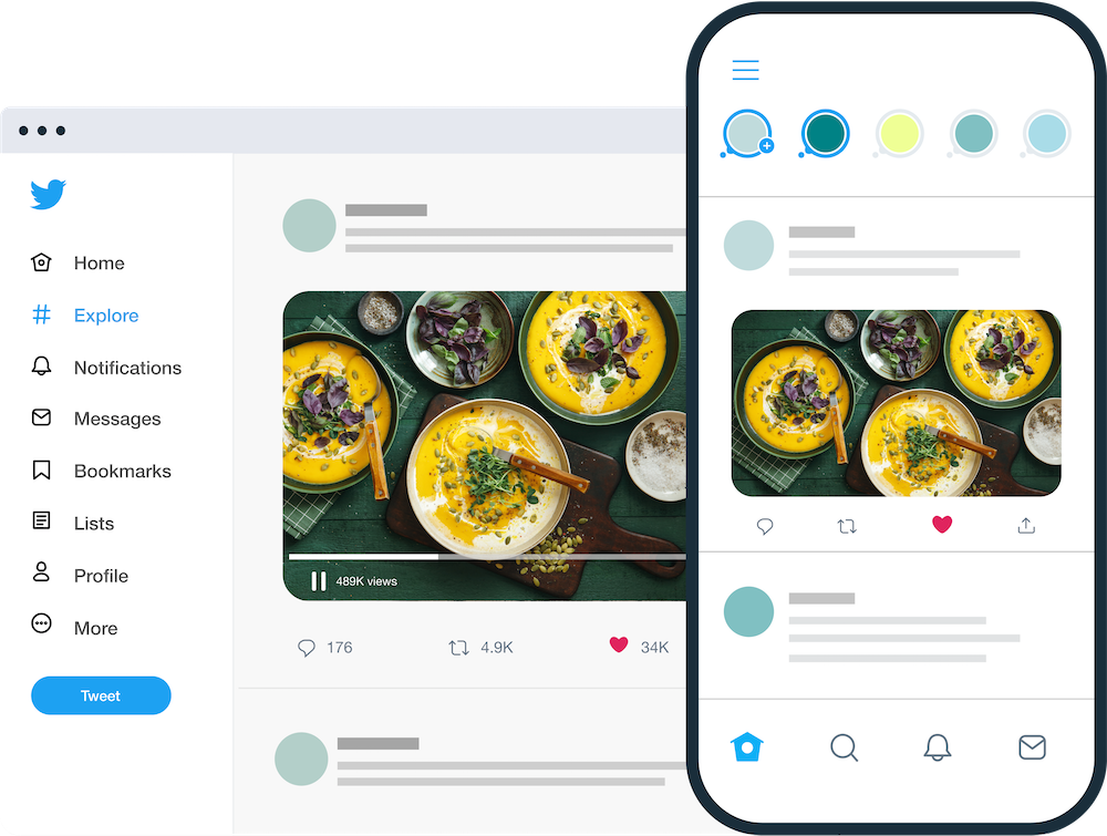 Mockup of a Twitter post of a dinning table with several dishes. The mockup includes two Twitter preview versions mobile app and desktop